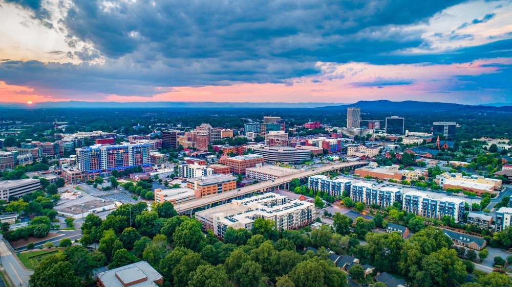 Greenville,South,Carolina,Sc,Skyline,Aerial,At,Sunset.